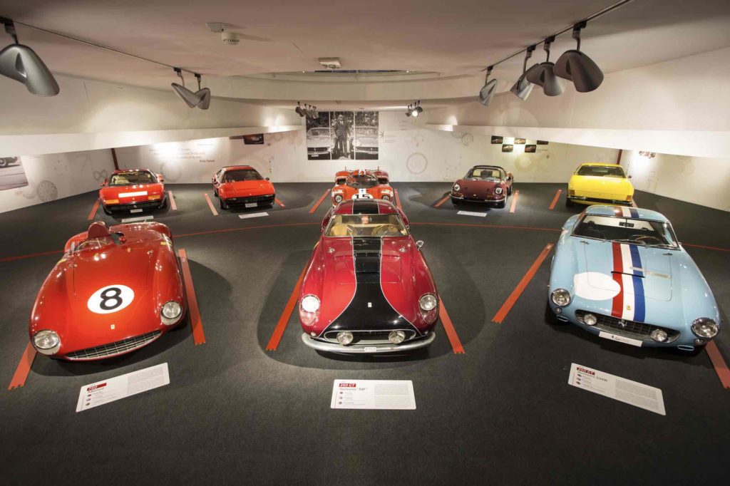 Cars on display at the Things to do at the Ferrari Museum exhibit